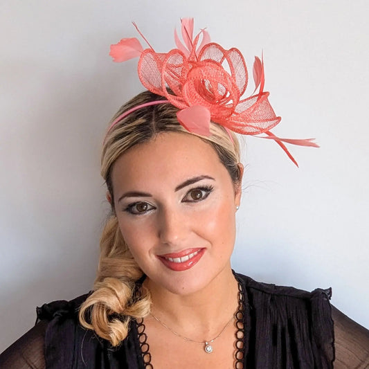 Watermelon coral feather fascinator hat House of Hats