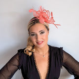 Watermelon coral feather fascinator hat House of Hats