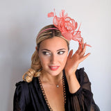 Watermelon coral feather fascinator hat House of Hats
