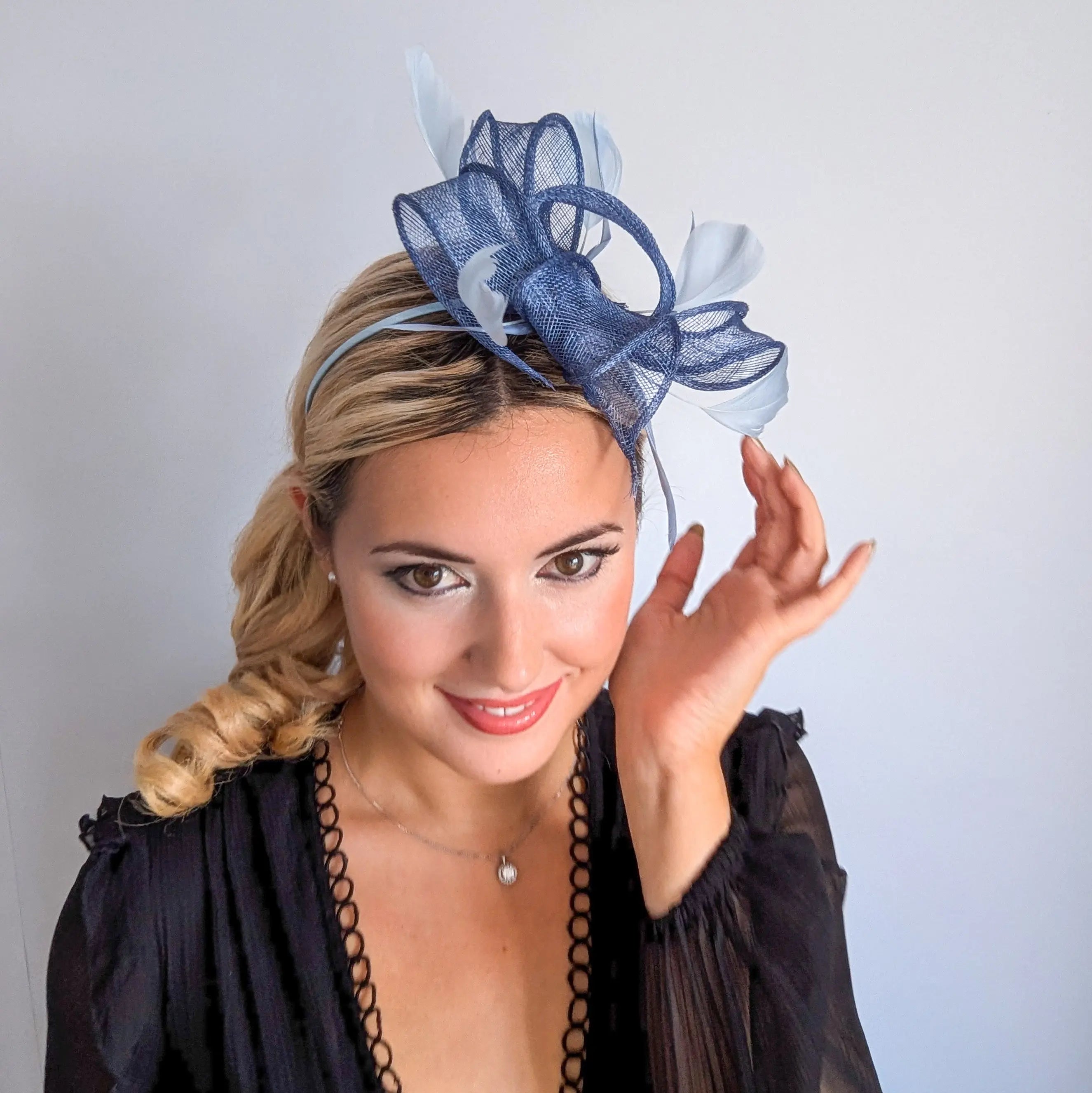 Cornflower blue feather fascinator hat House of Hats