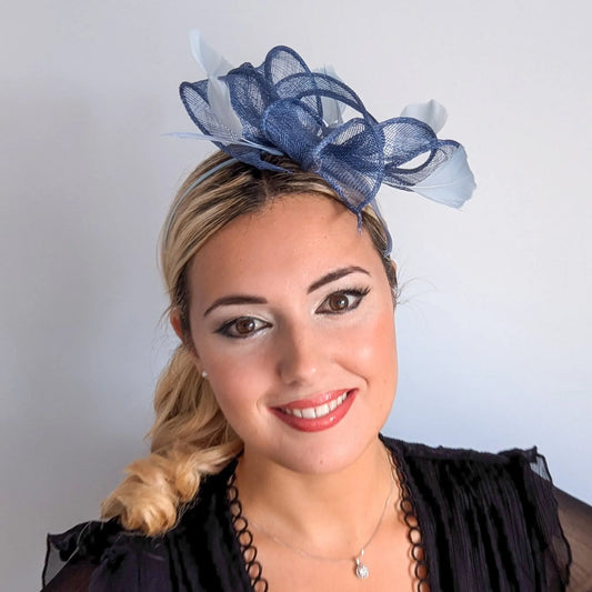 Cornflower blue feather fascinator hat House of Hats