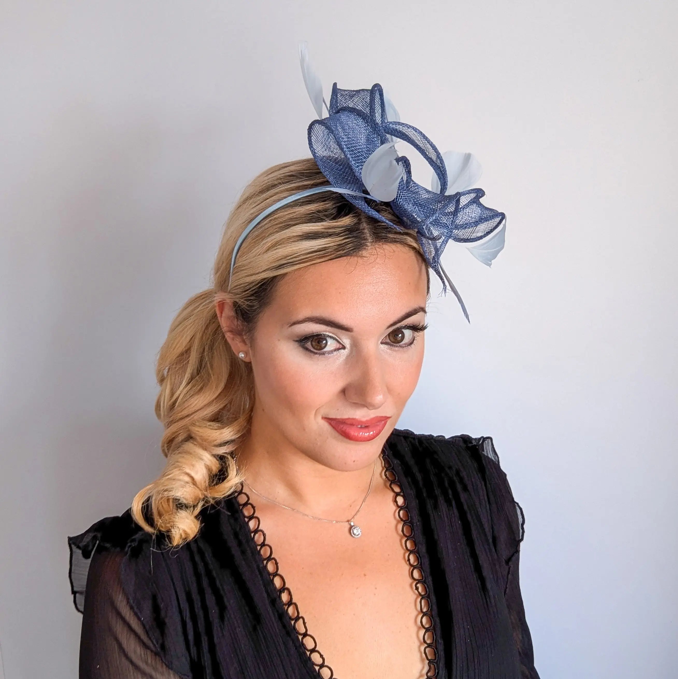 Cornflower blue feather fascinator hat House of Hats