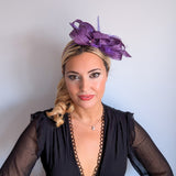 Royal purple crystal feather fascinator hat