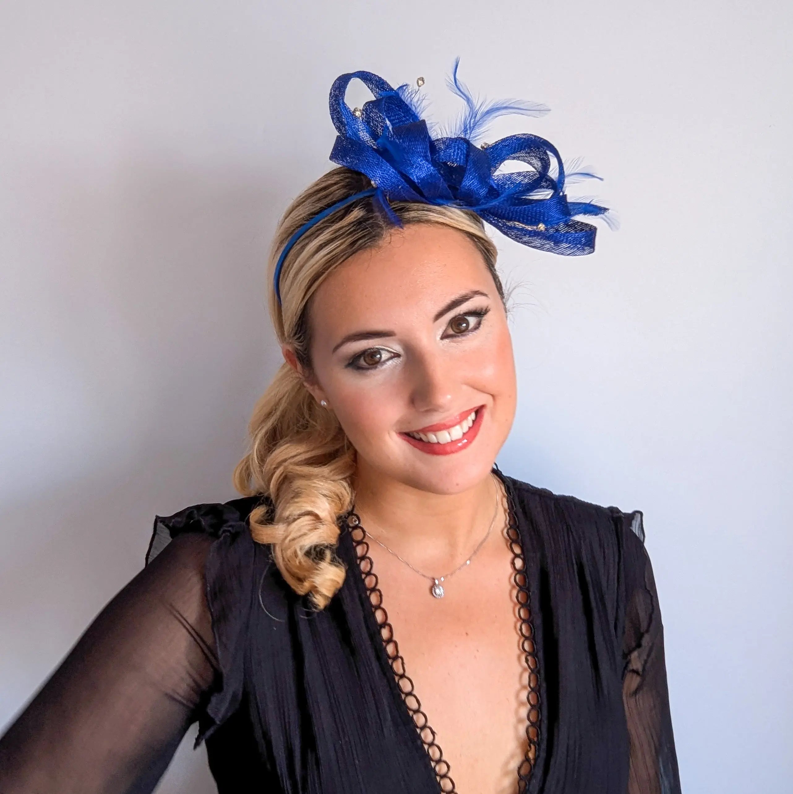 Royal cobalt blue crystal feather fascinator hat House of Hats
