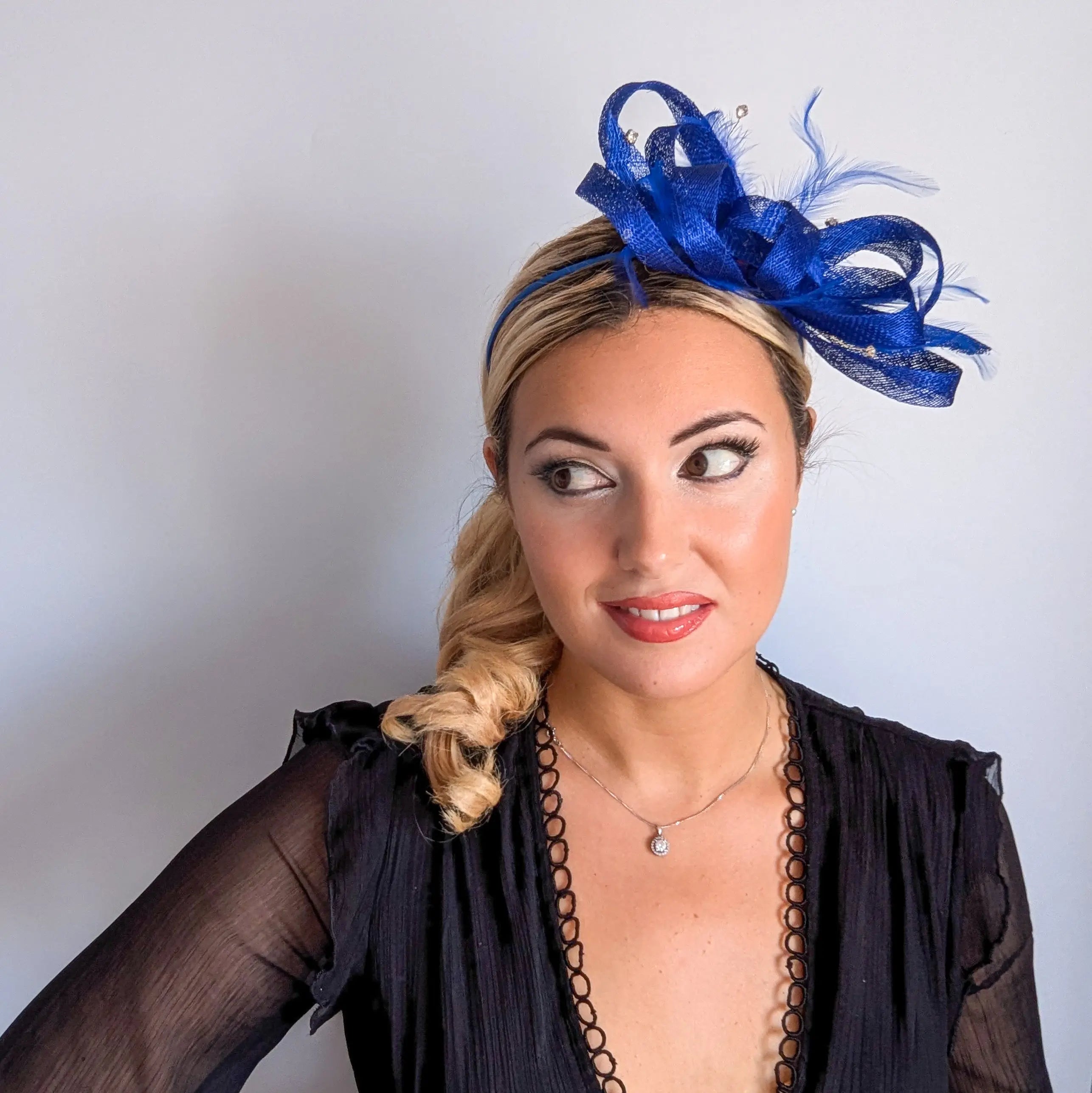 Royal cobalt blue crystal feather fascinator hat House of Hats