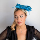 Dark aqua blue crystal feather fascinator hat