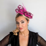 Magenta pink crystal feather fascinator hat