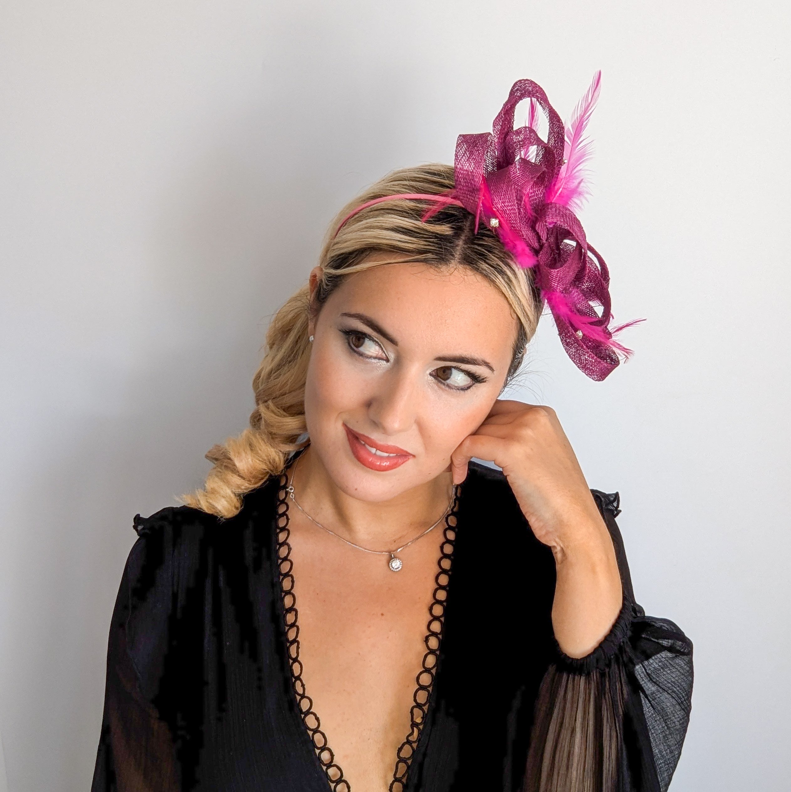 Magenta pink crystal feather fascinator hat