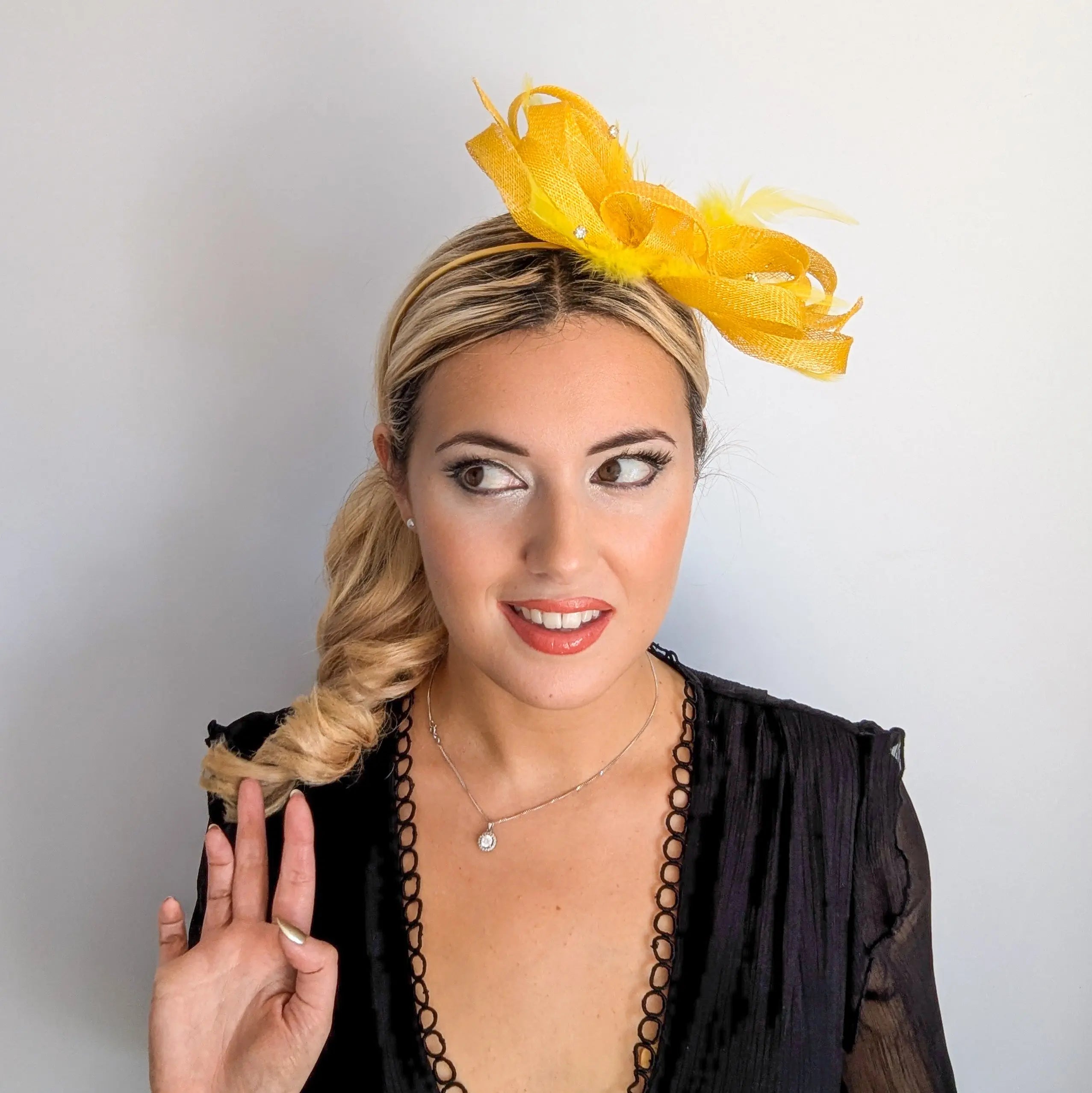 Yellow crystal feather fascinator hat House of Hats