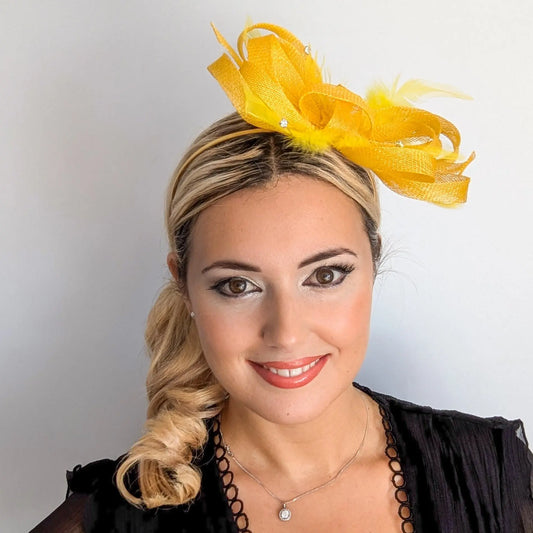 Yellow crystal feather fascinator hat House of Hats