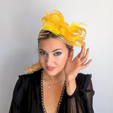 Yellow crystal feather fascinator hat House of Hats