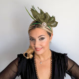 Moss green feather petal fan fascinator hat