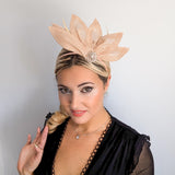 Beige peach feather petal fan fascinator hat