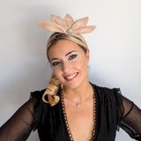 Beige peach feather petal fan fascinator hat