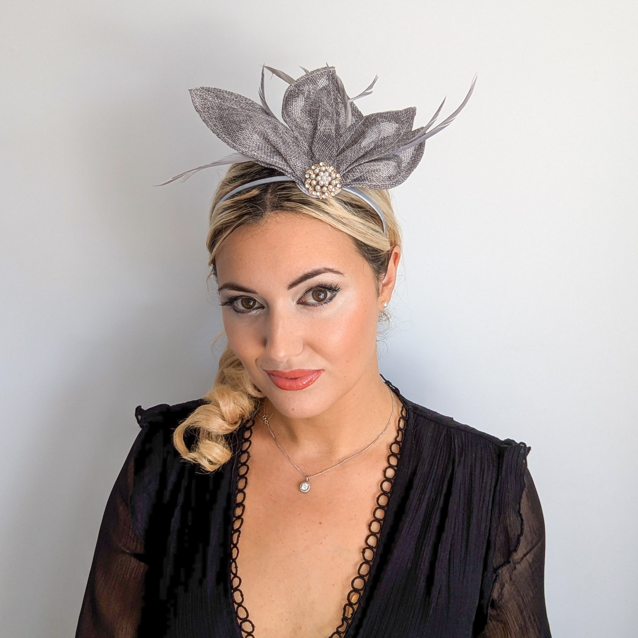 Grey feather petal fan fascinator hat