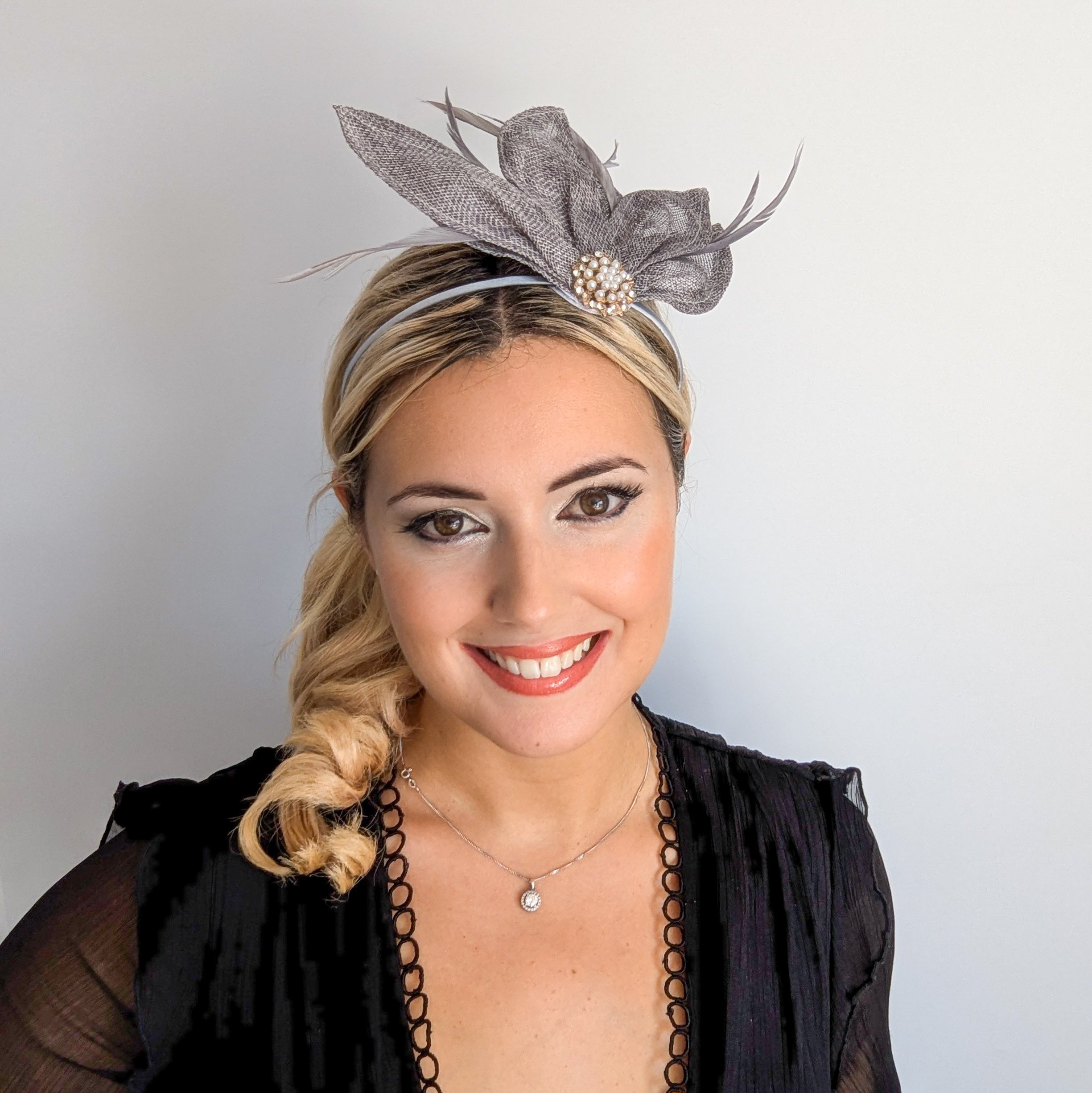 Grey feather petal fan fascinator hat