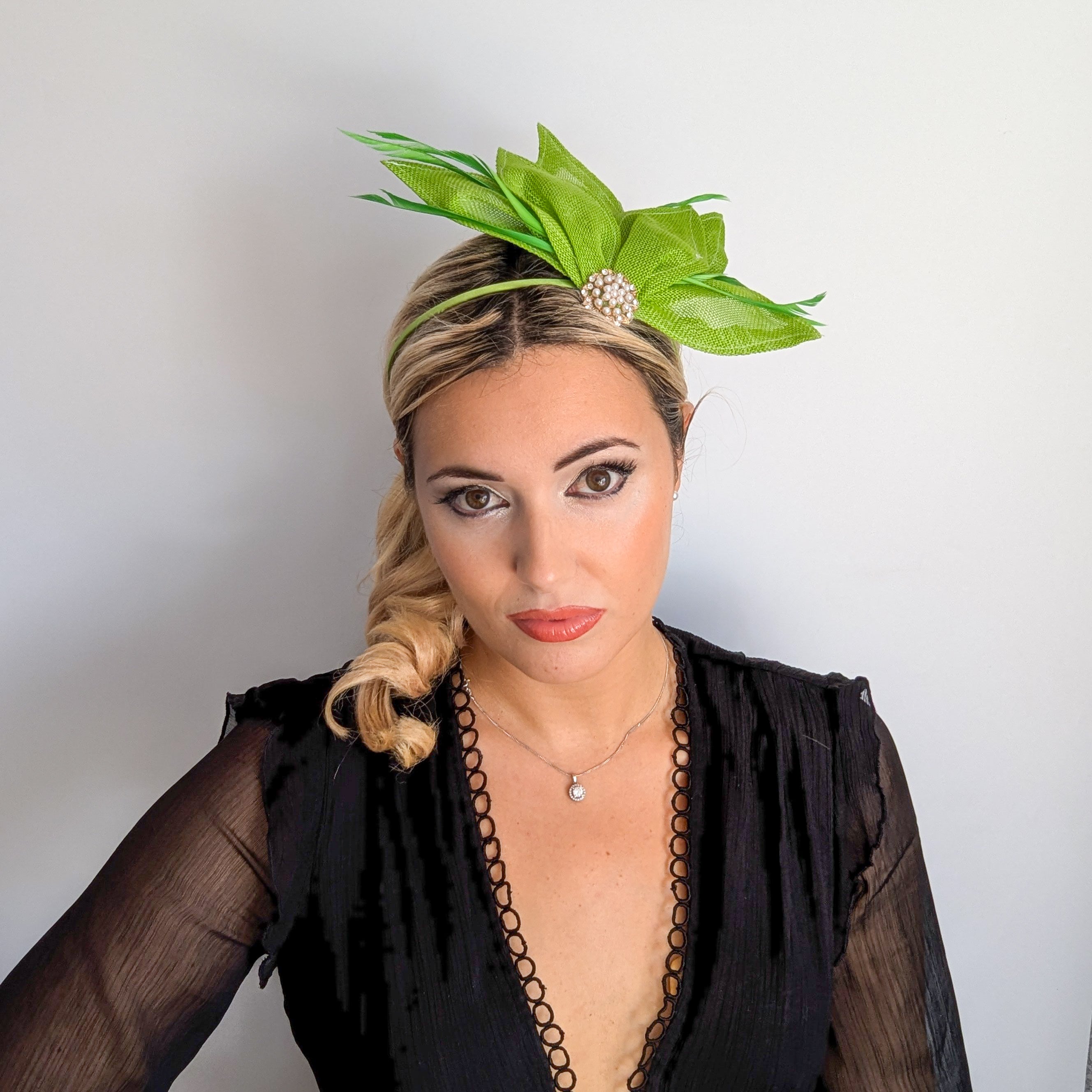 Matcha lime green feather petal fan fascinator hat