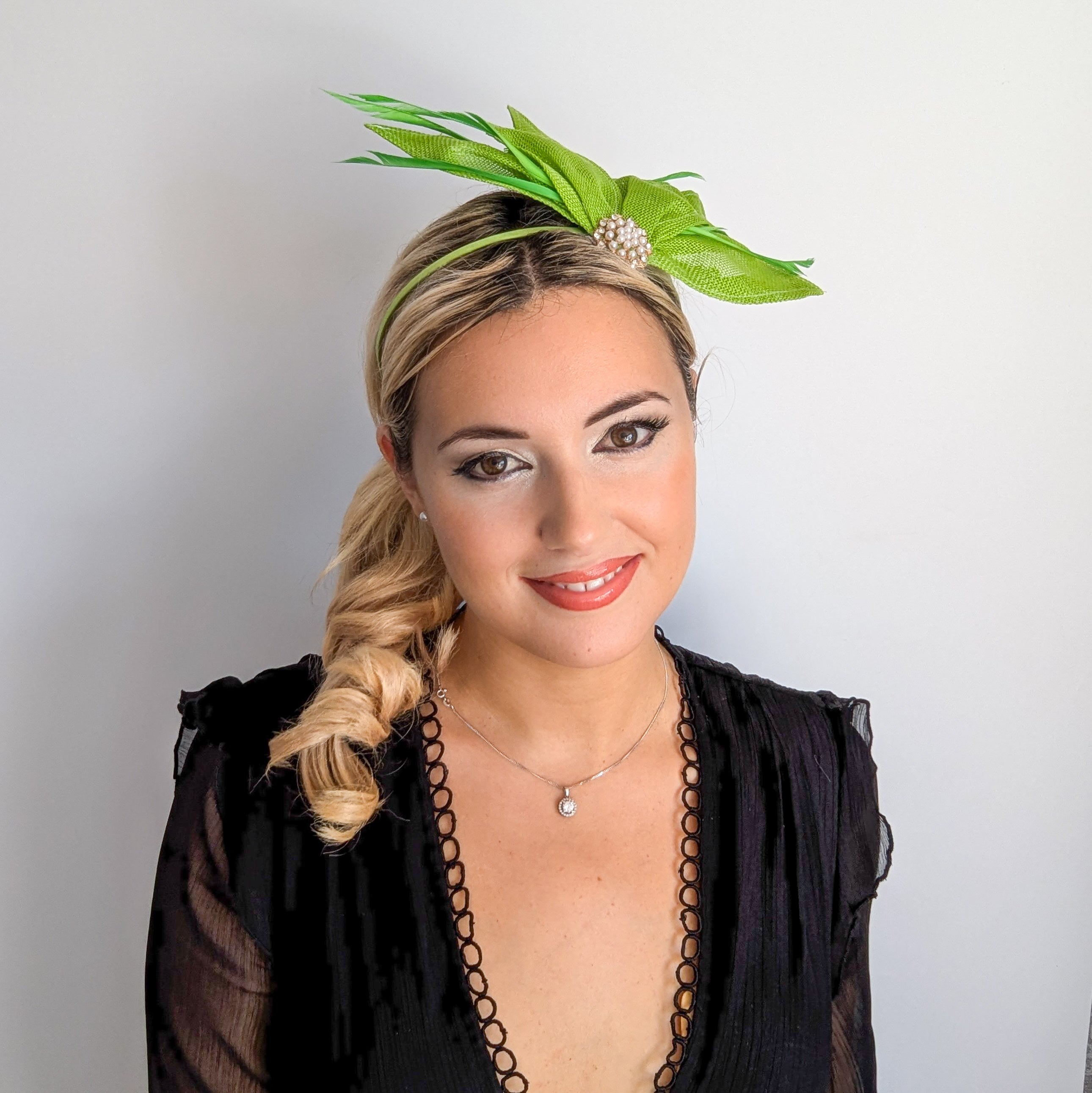 Matcha lime green feather petal fan fascinator hat
