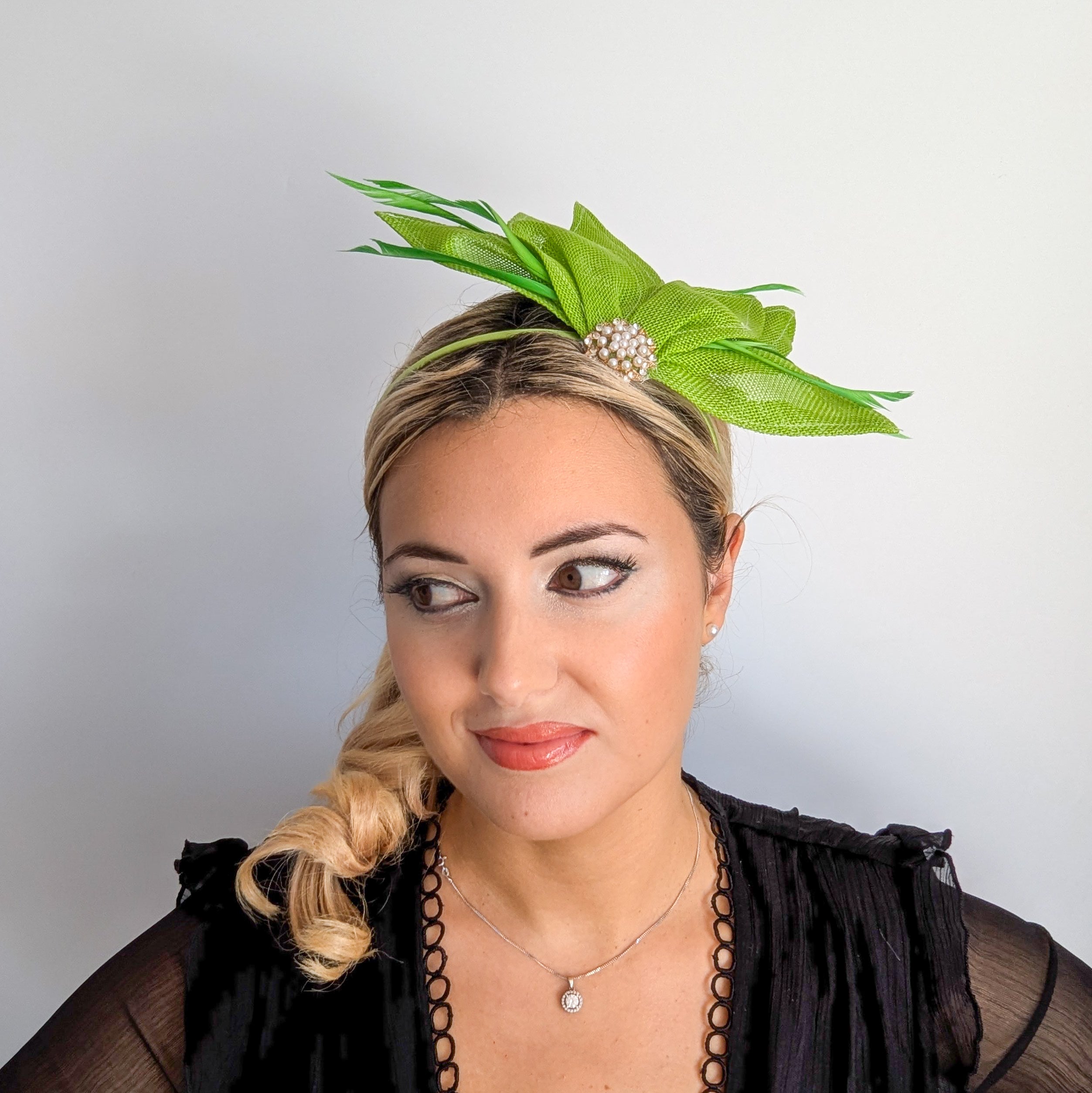 Matcha lime green feather petal fan fascinator hat