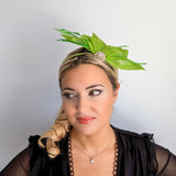 Matcha lime green feather petal fan fascinator hat