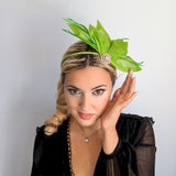 Matcha lime green feather petal fan fascinator hat