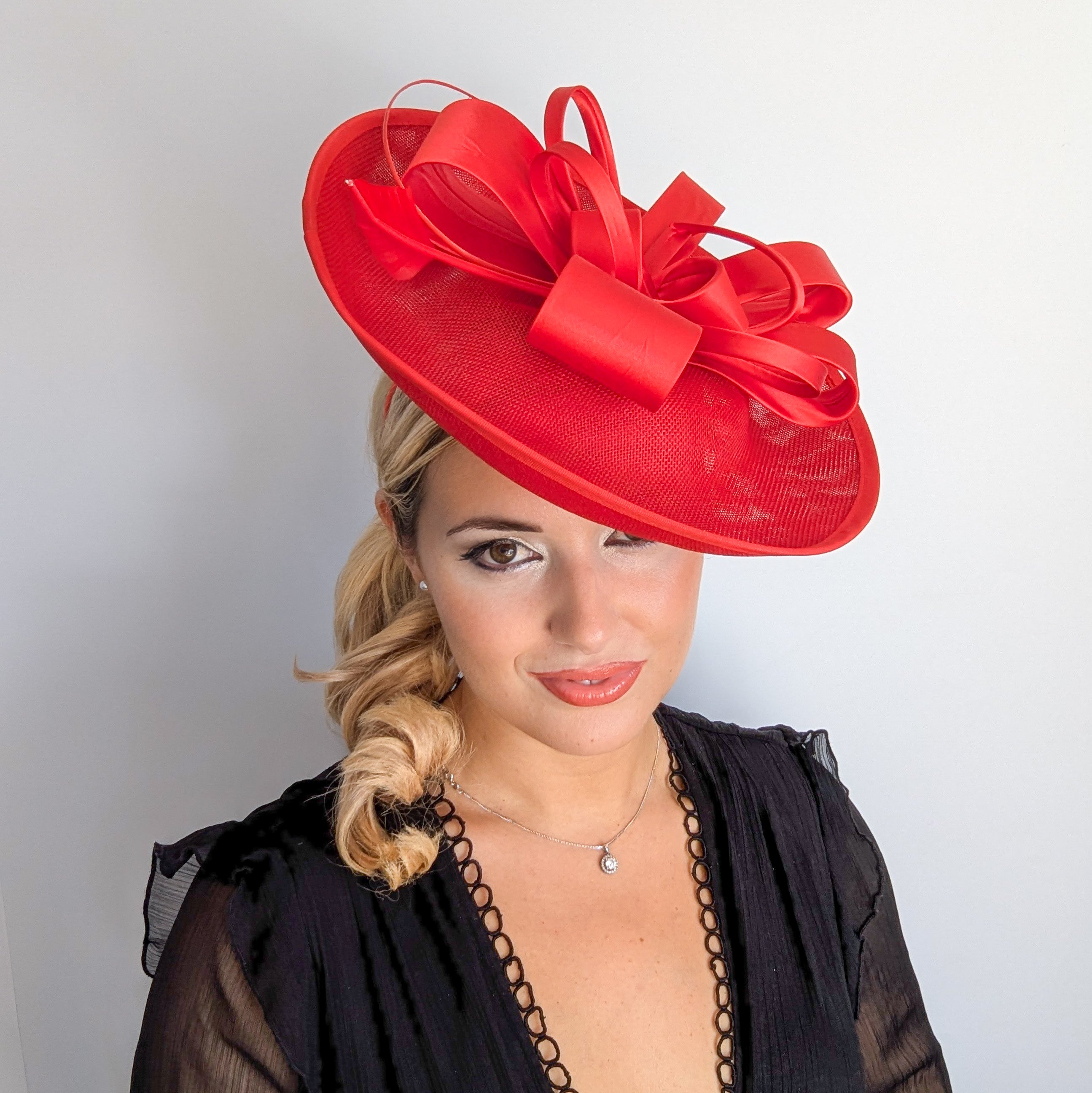Red feather large saucer disc fascinator hat