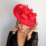 Red feather large saucer disc fascinator hat
