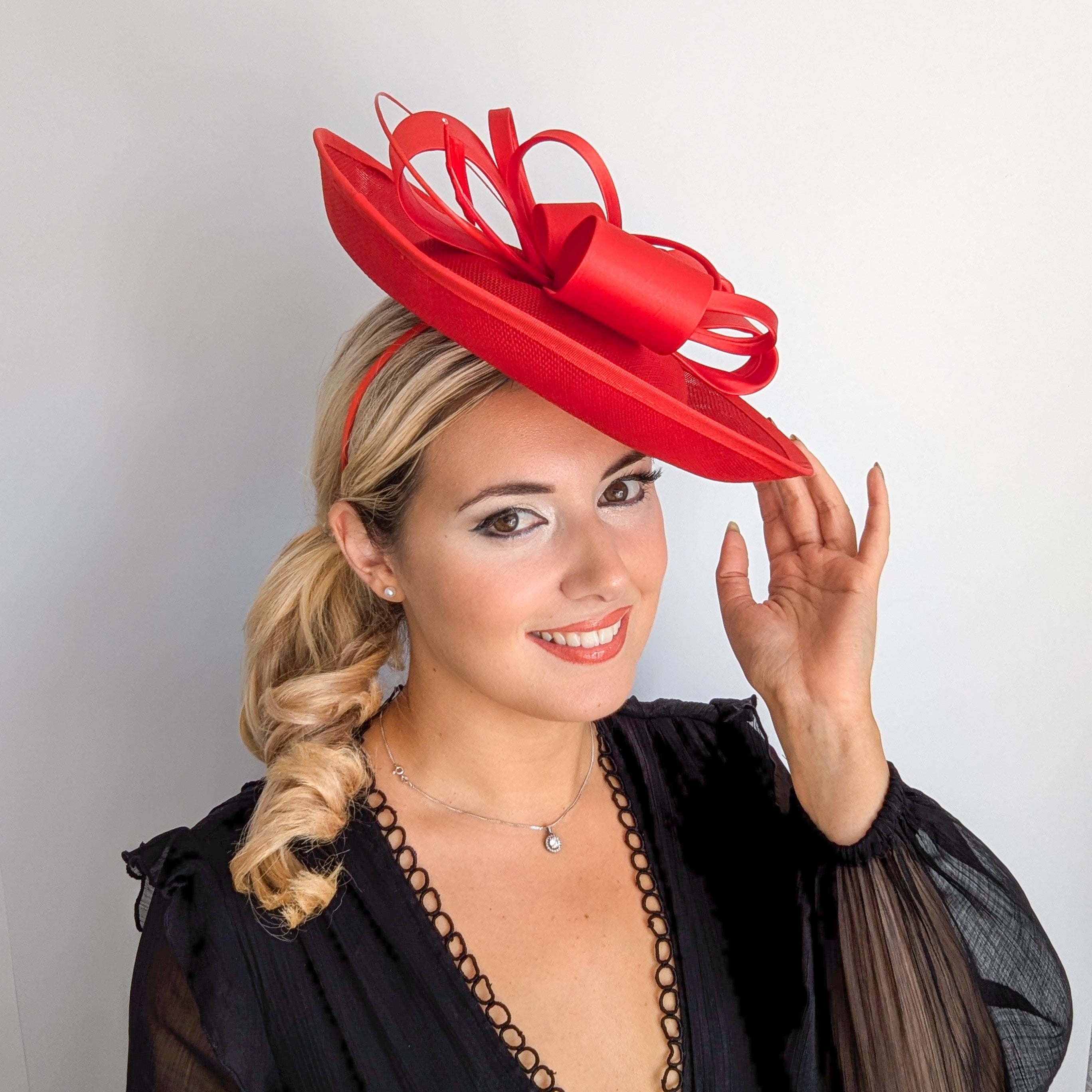Red feather large saucer disc fascinator hat