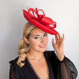 Red feather large saucer disc fascinator hat