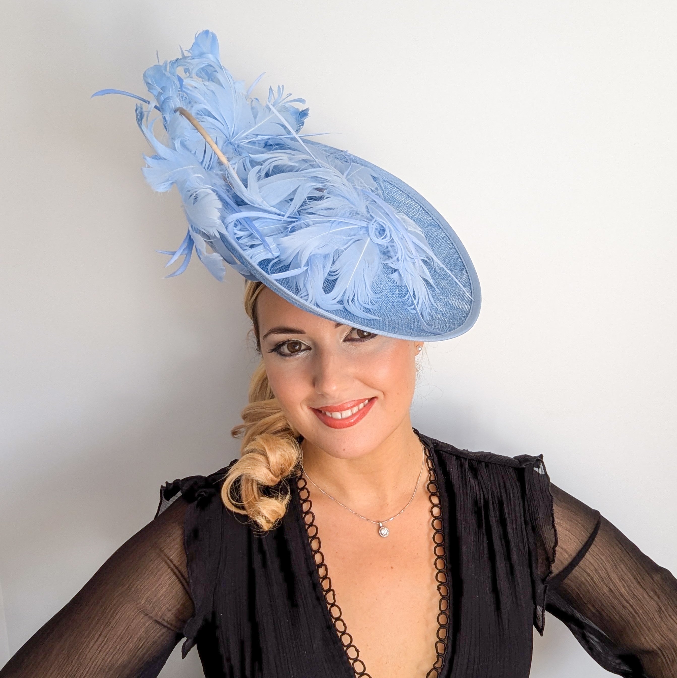 Light cornflower blue large feather saucer disc fascinator hat