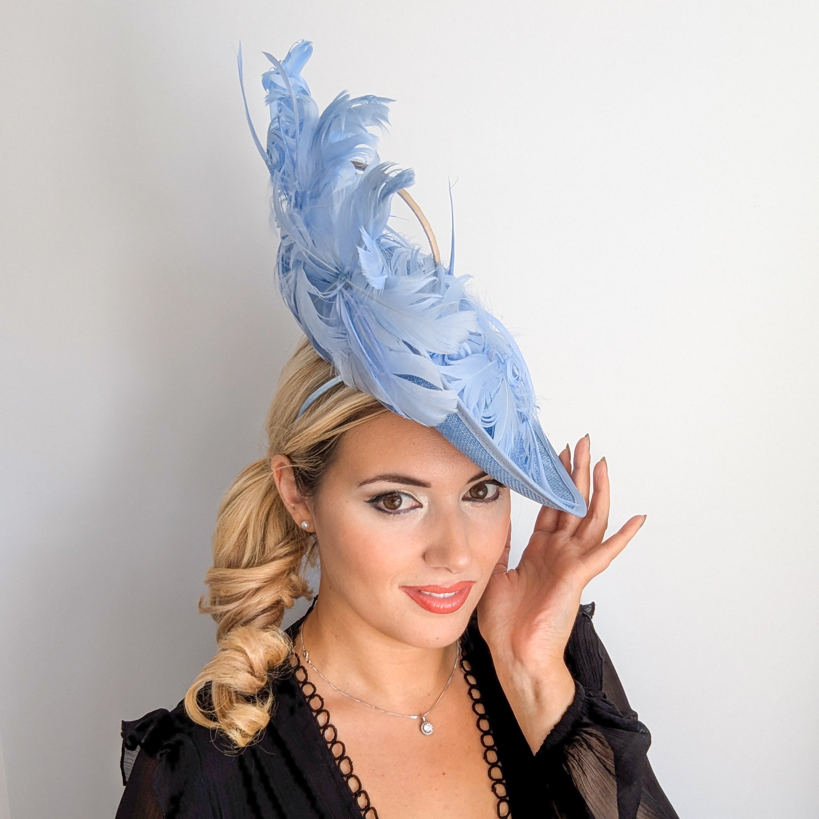 Light cornflower blue large feather saucer disc fascinator hat