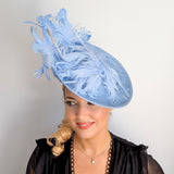 Light cornflower blue large feather saucer disc fascinator hat
