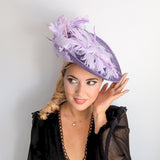 Lavender purple and lilac feather large saucer disc fascinator hat