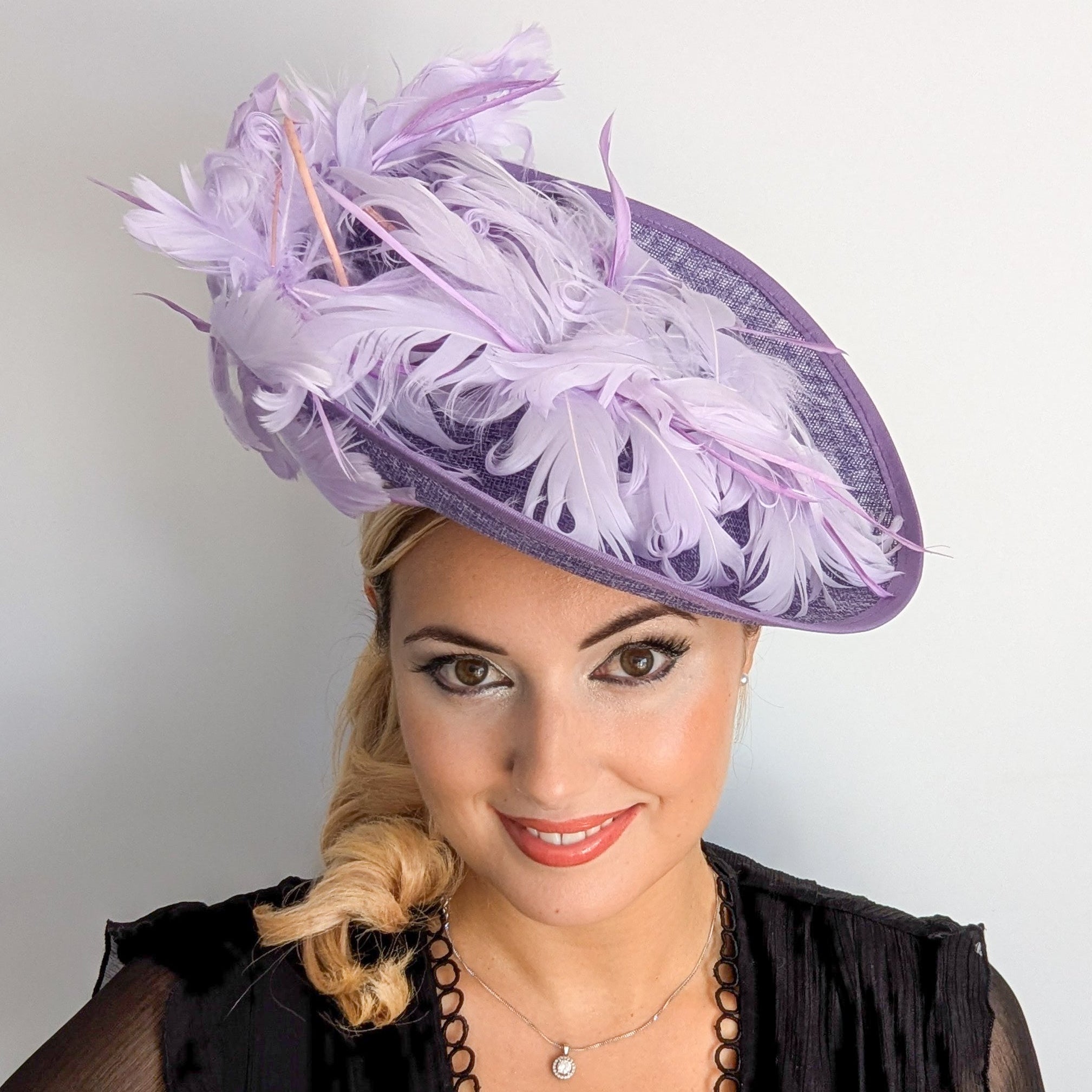 Lavender purple and lilac feather large saucer disc fascinator hat