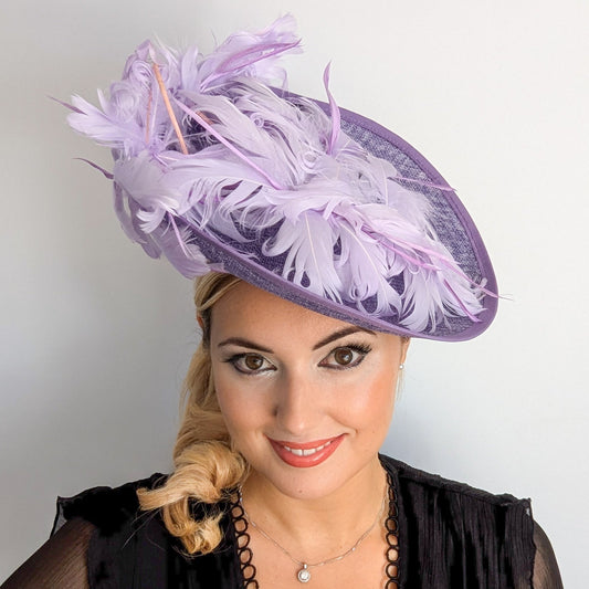 Lavender purple and lilac feather large saucer disc fascinator hat