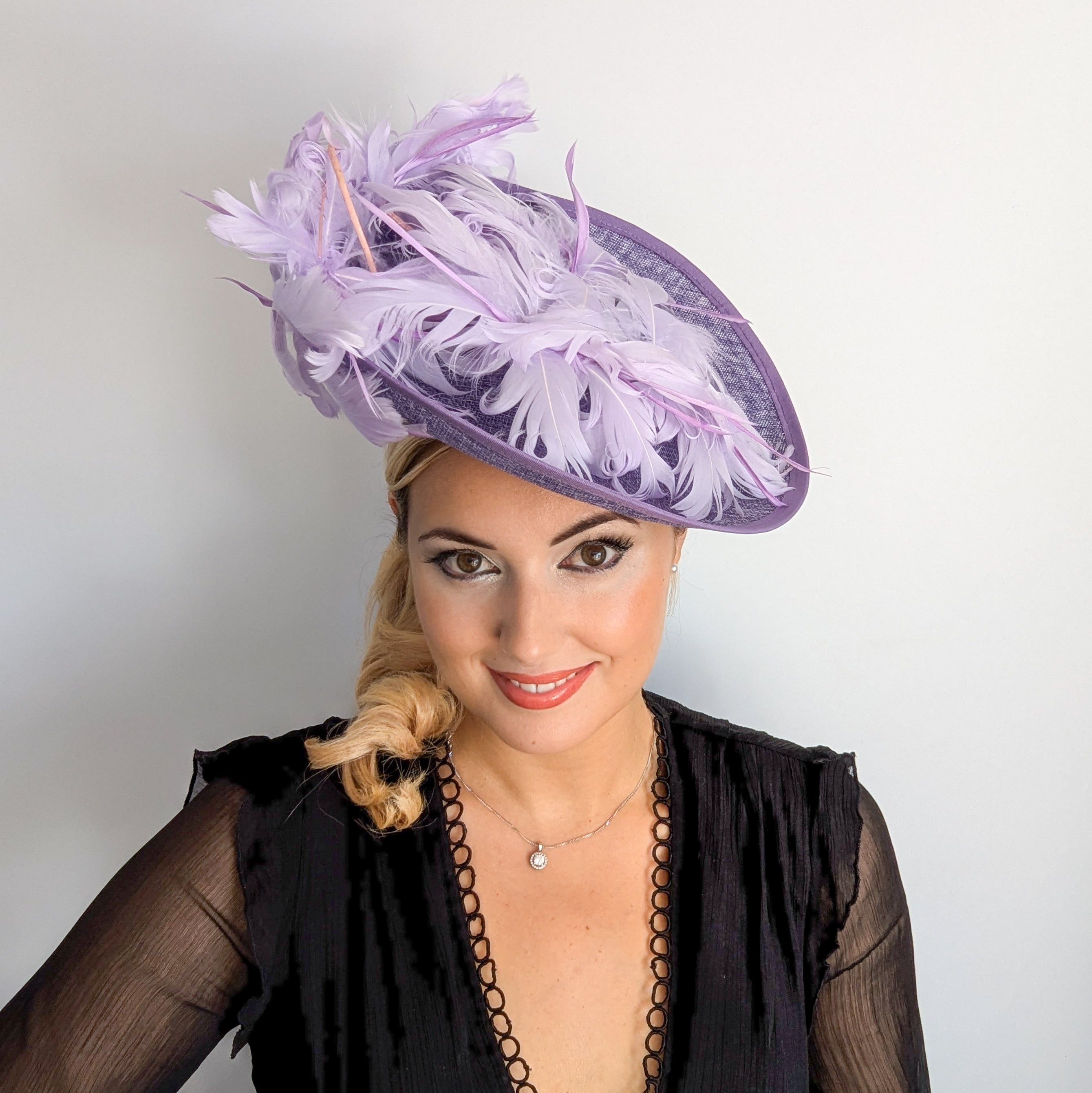 Lavender purple and lilac feather large saucer disc fascinator hat