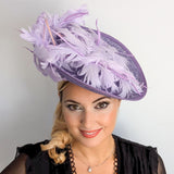 Lavender purple and lilac feather large saucer disc fascinator hat