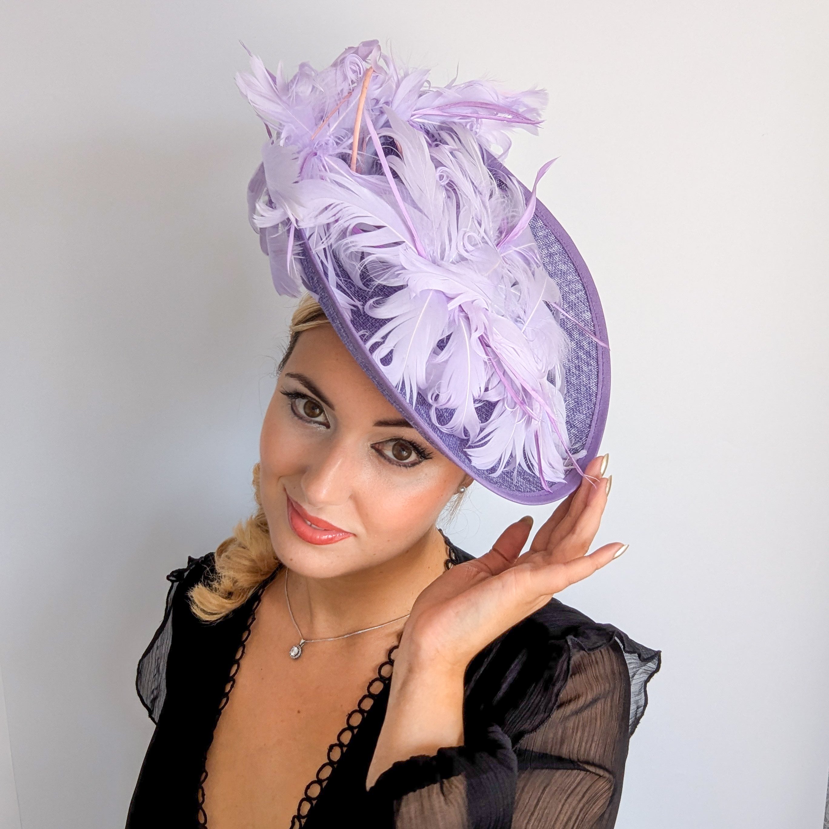 Lavender purple and lilac feather large saucer disc fascinator hat