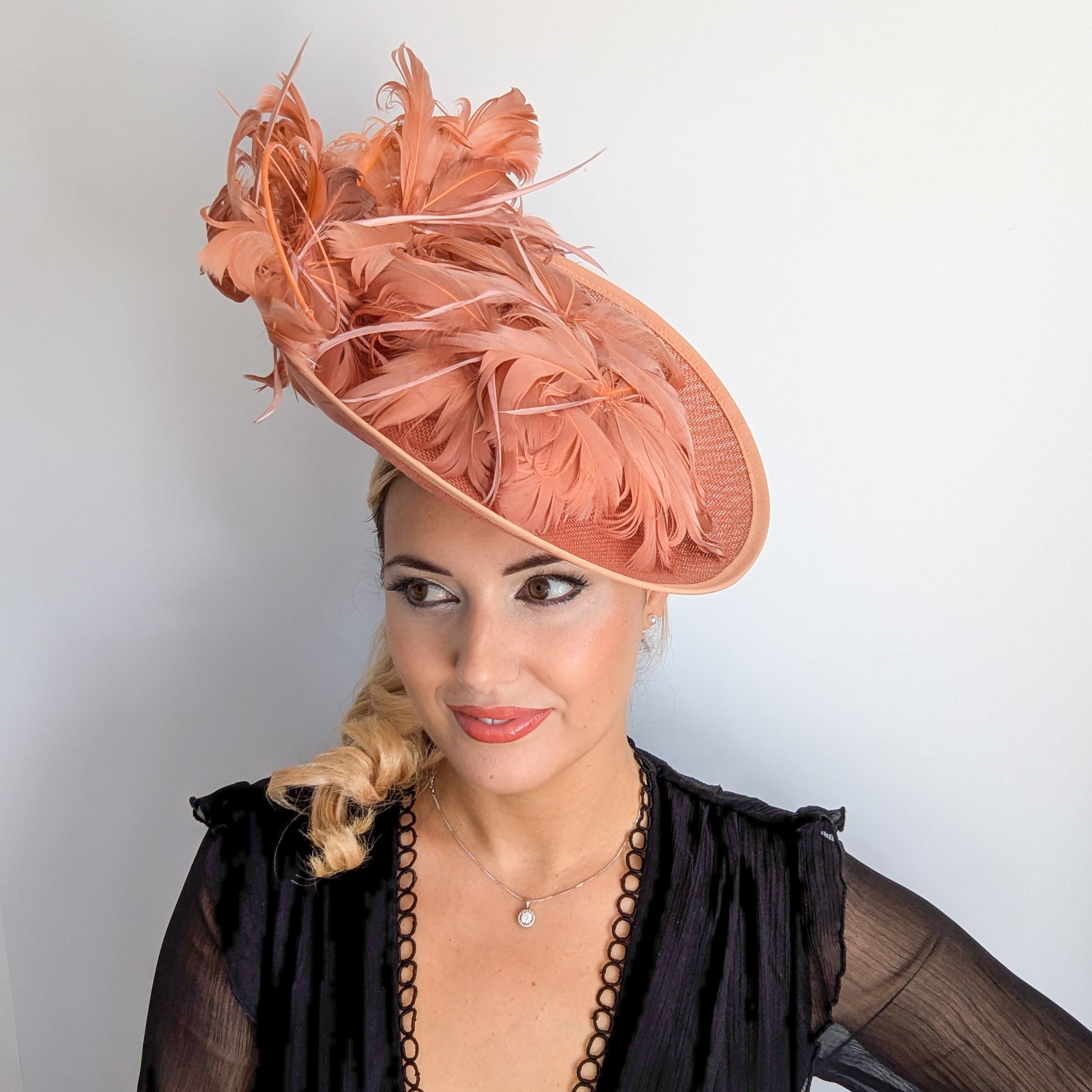 Terracotta dusty pink large feather saucer disc fascinator hat