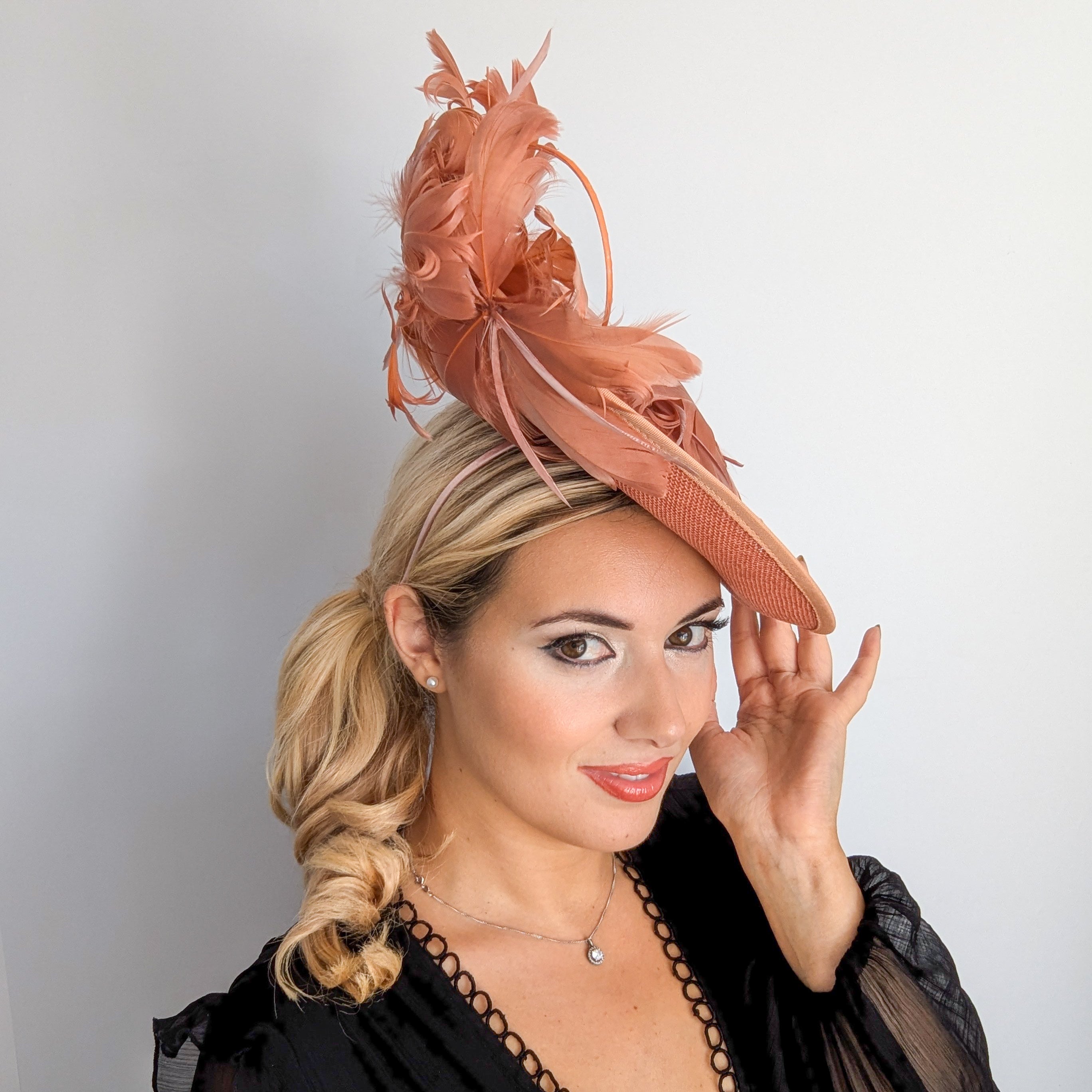 Terracotta dusty pink large feather saucer disc fascinator hat