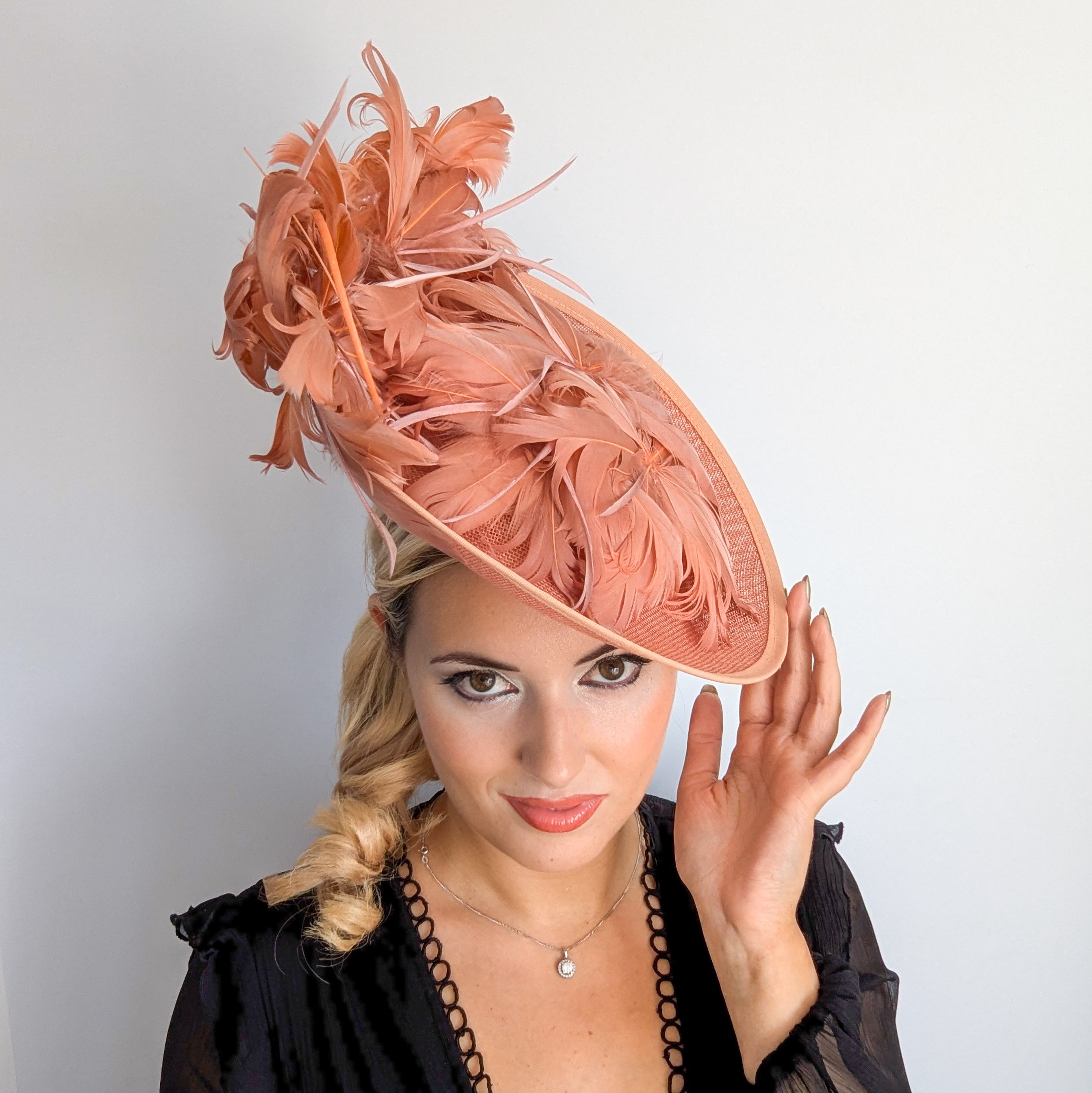 Terracotta dusty pink large feather saucer disc fascinator hat