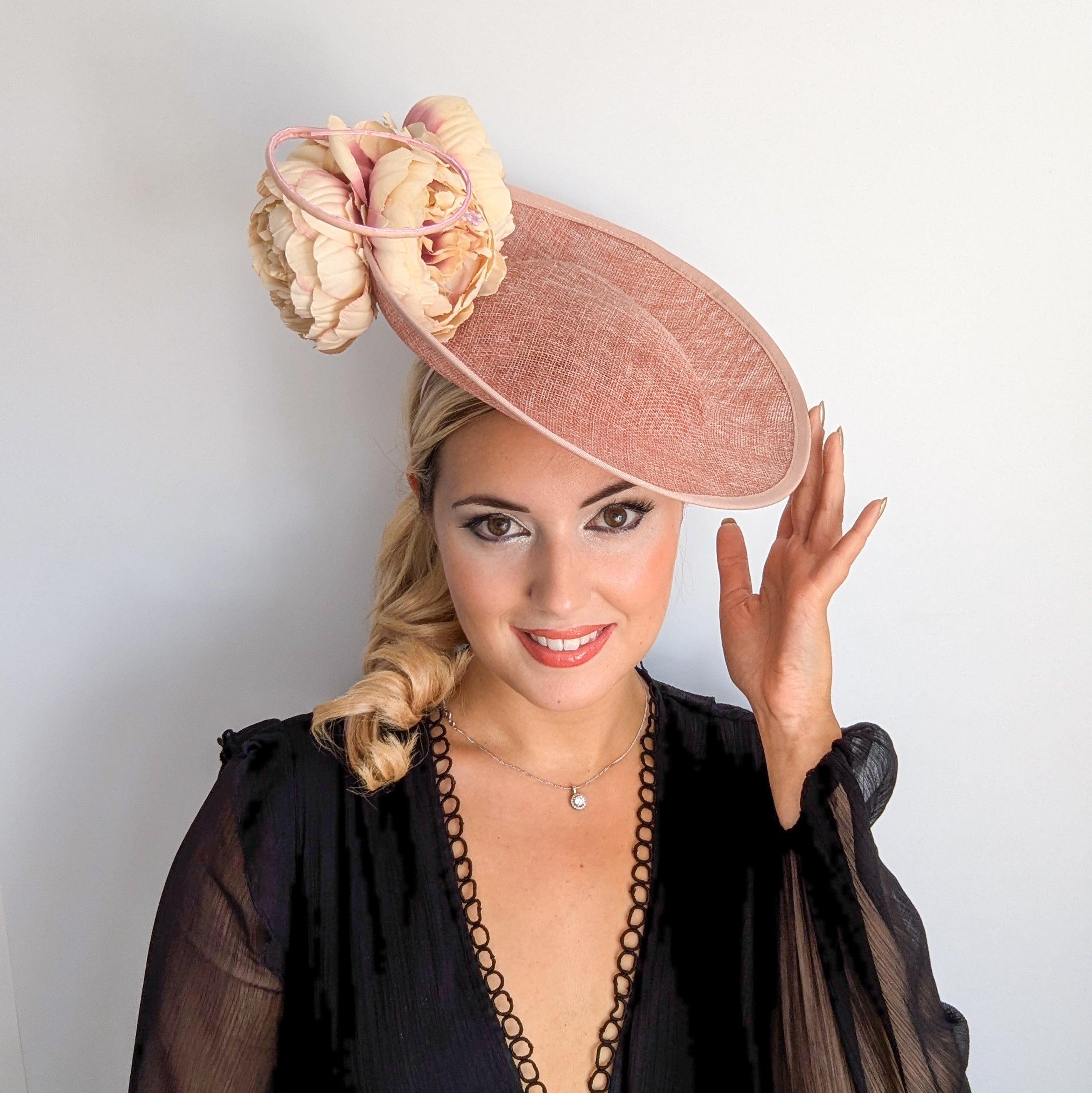 Blush pink large flower saucer disc fascinator hat