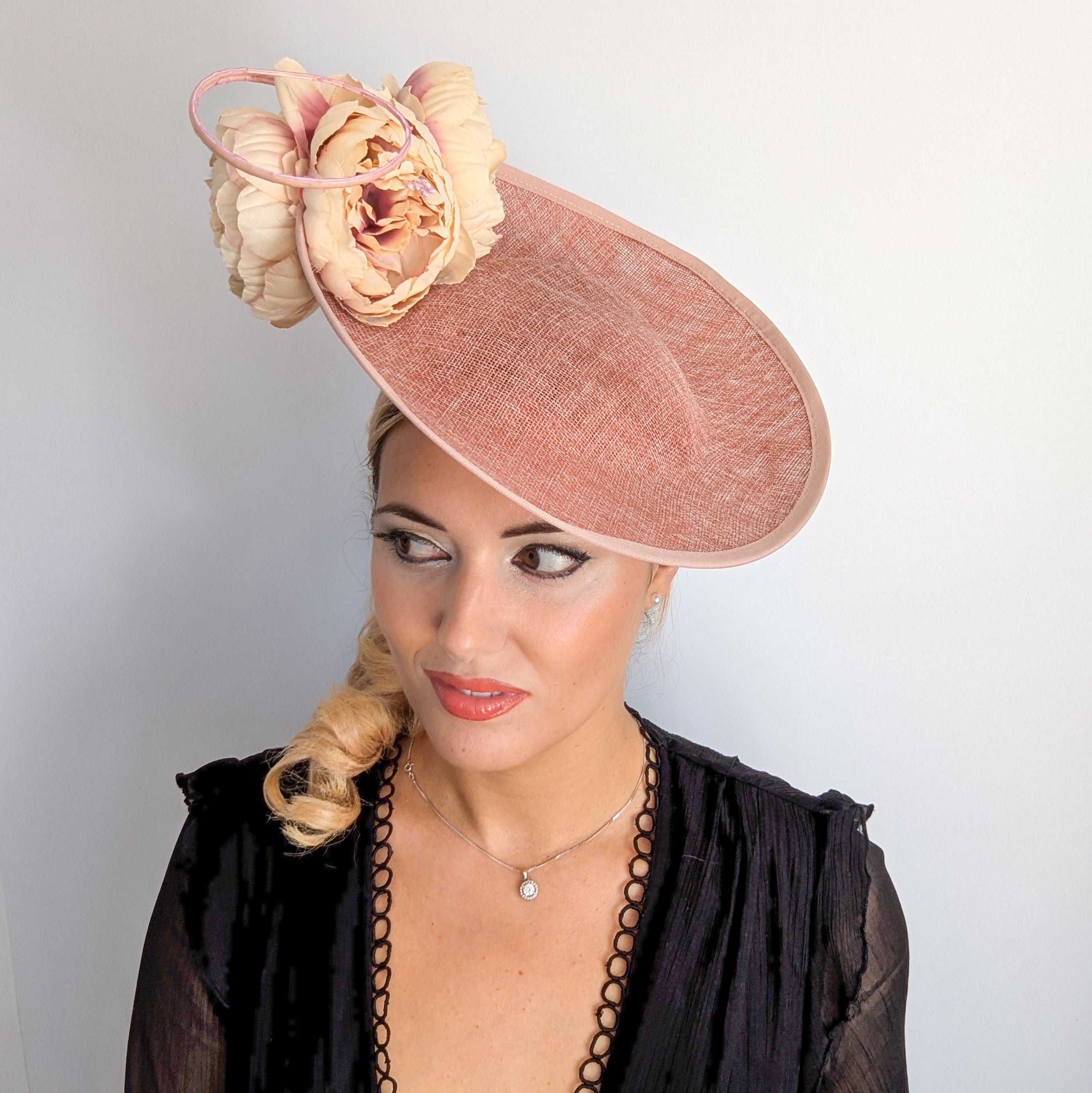 Blush pink large flower saucer disc fascinator hat