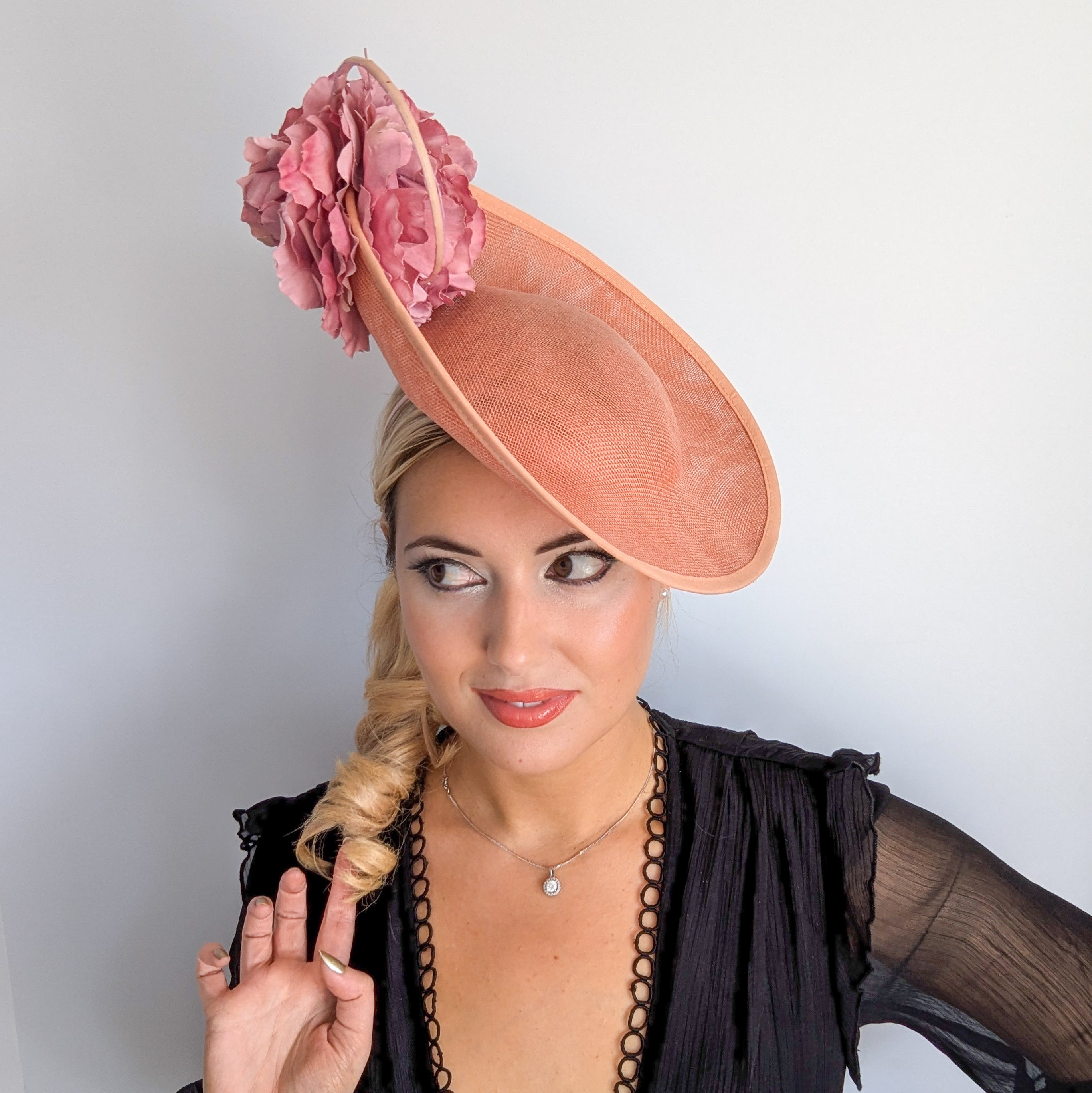 Terracotta dusty pink large flower saucer disc fascinator hat