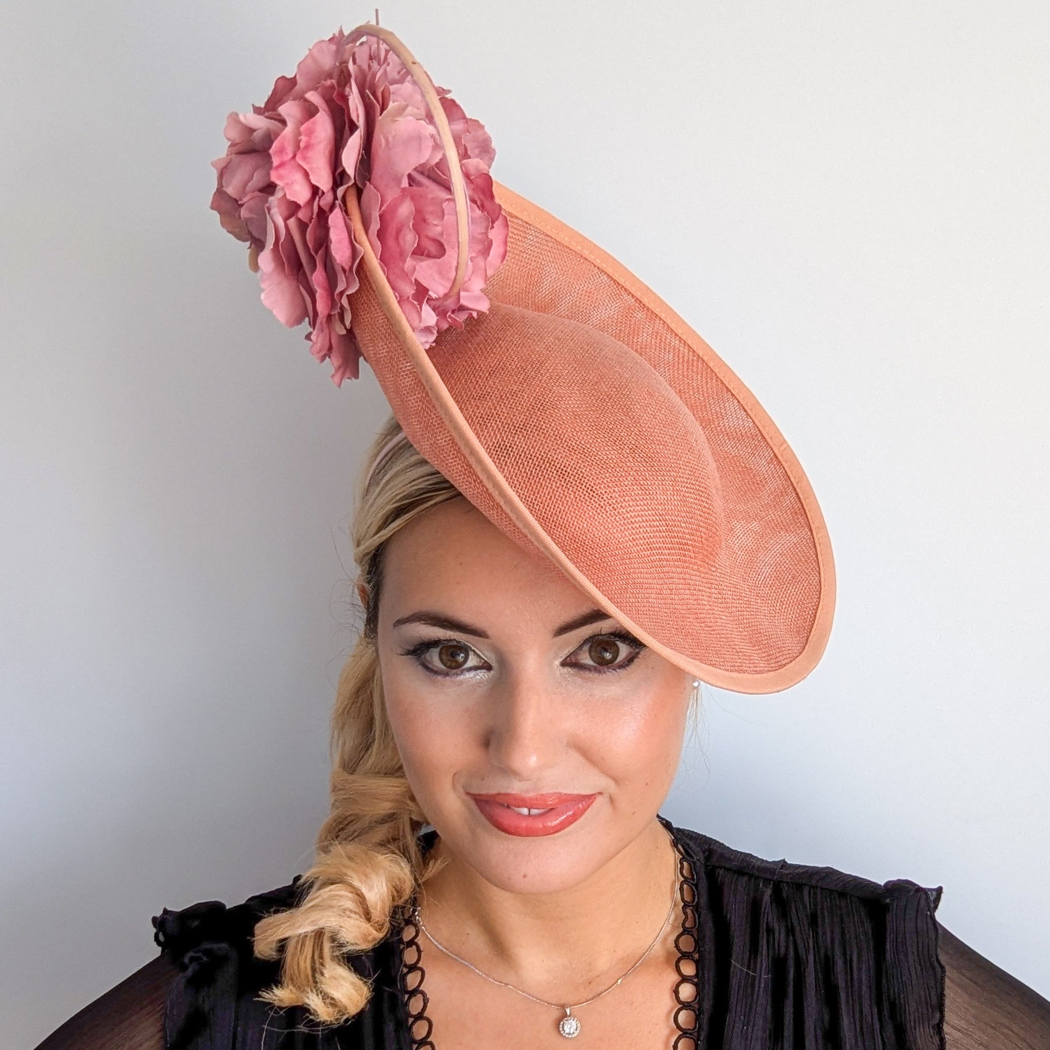 Terracotta dusty pink large flower saucer disc fascinator hat