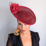 Burgundy large flower saucer disc fascinator hat