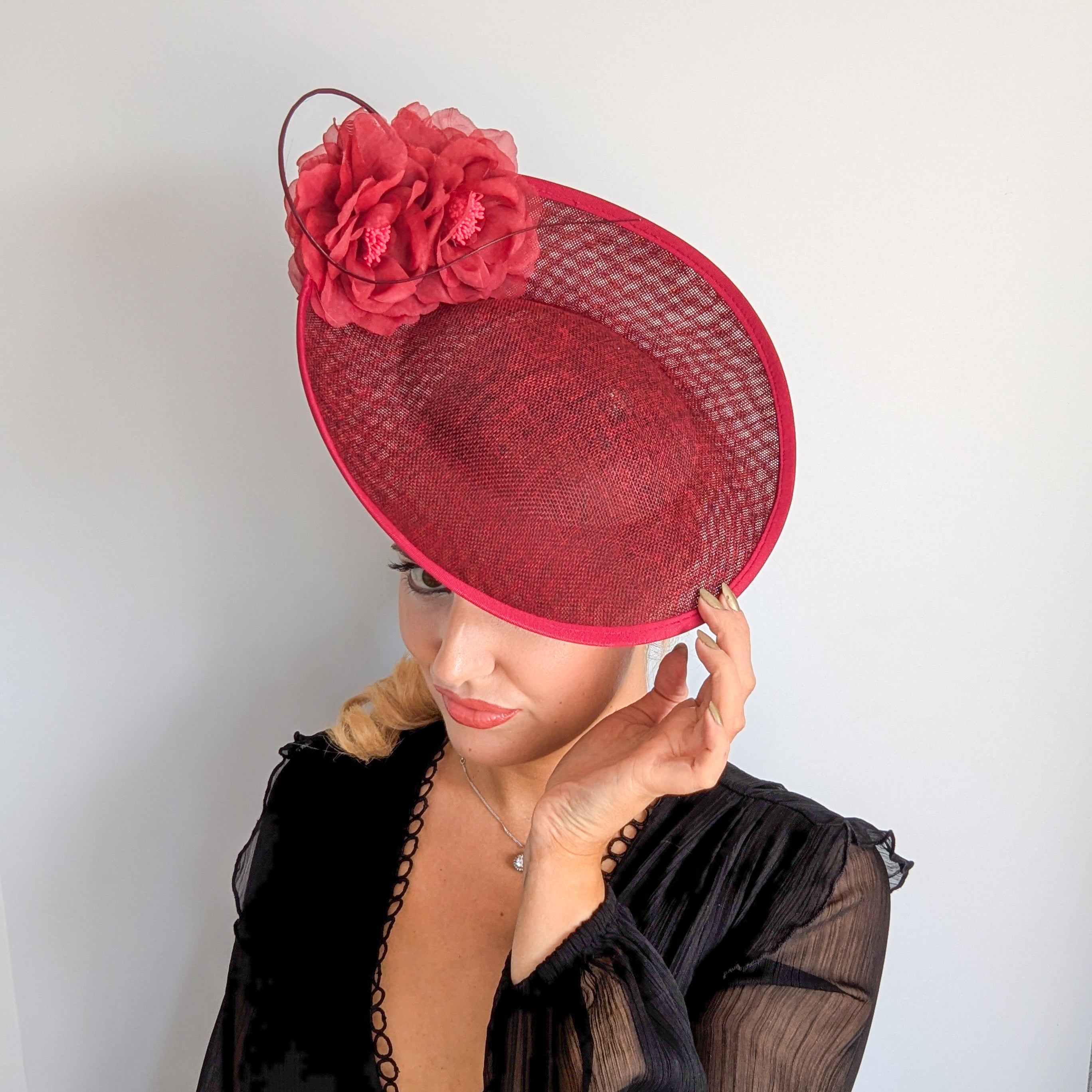 Burgundy large flower saucer disc fascinator hat