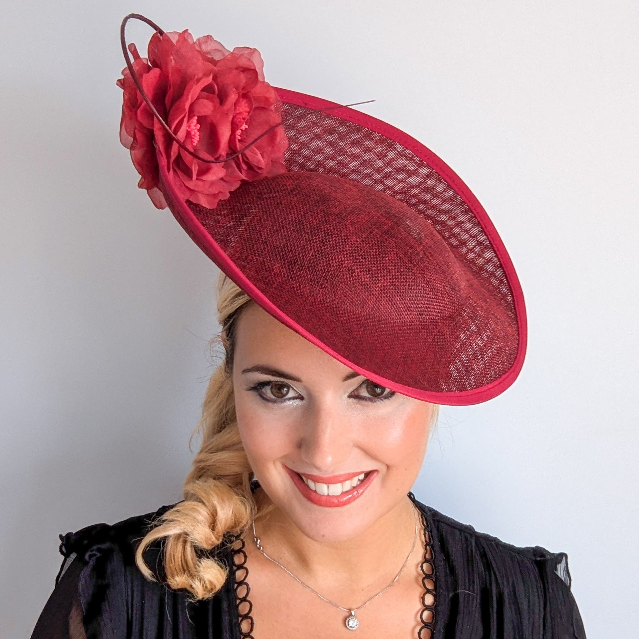 Burgundy large flower saucer disc fascinator hat
