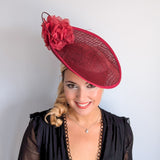 Burgundy large flower saucer disc fascinator hat