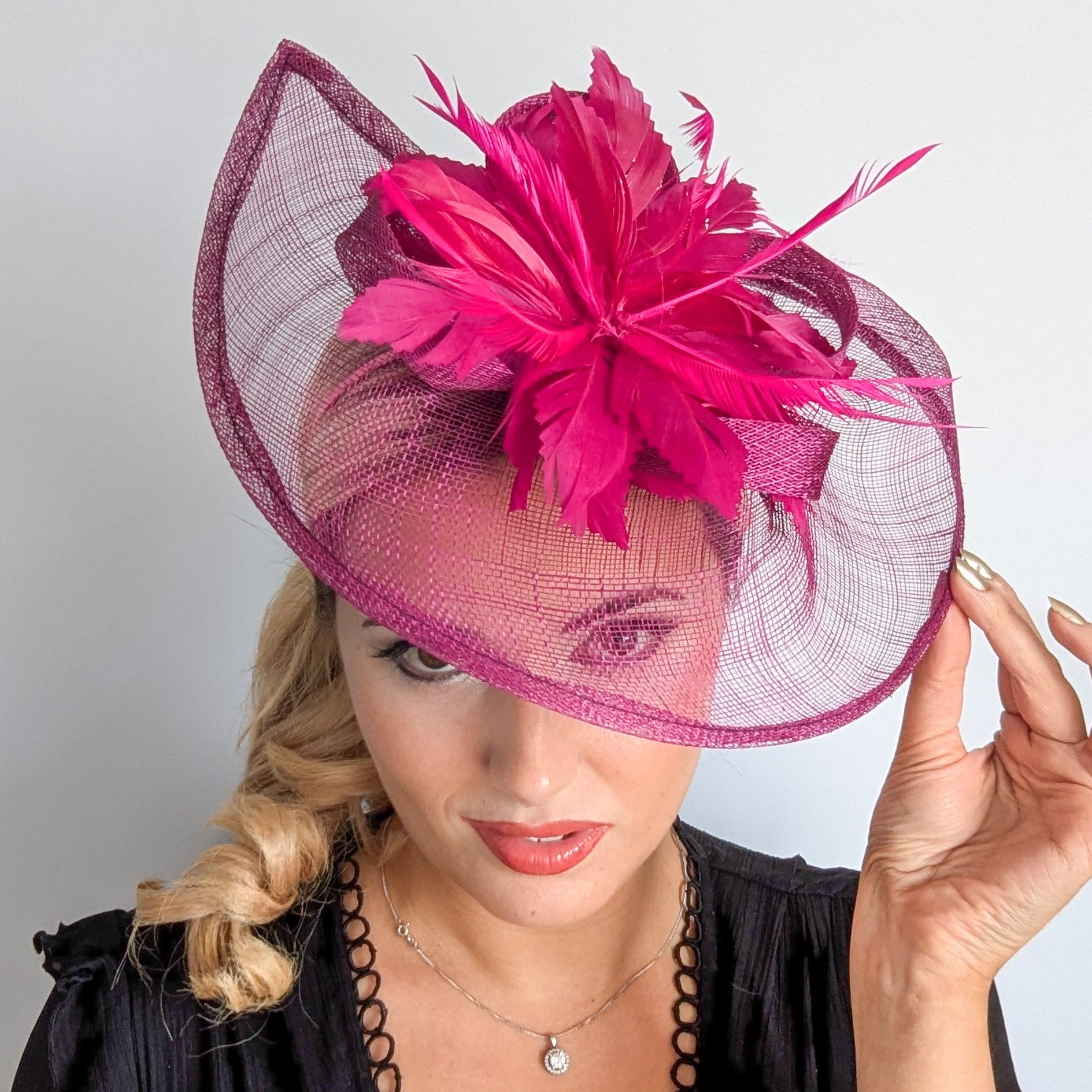 Magenta pink feather large teardrop fascinator hat